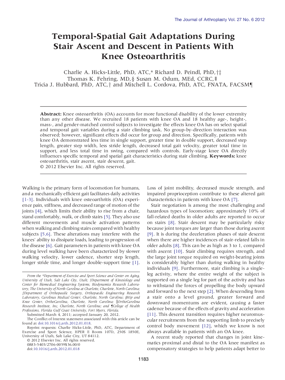 Temporal-Spatial Gait Adaptations During Stair Ascent and Descent in Patients With Knee Osteoarthritis 