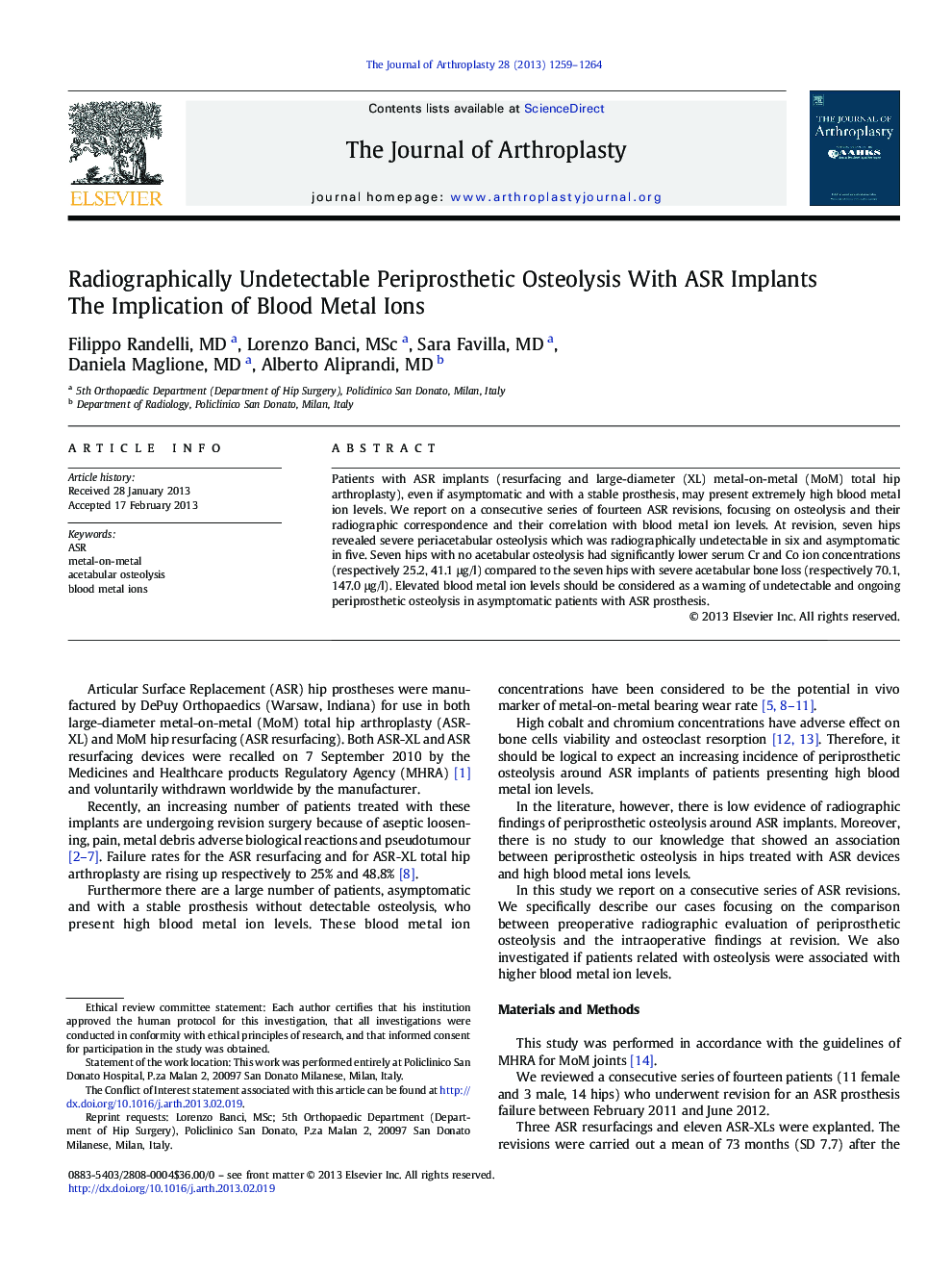 Radiographically Undetectable Periprosthetic Osteolysis With ASR Implants : The Implication of Blood Metal Ions