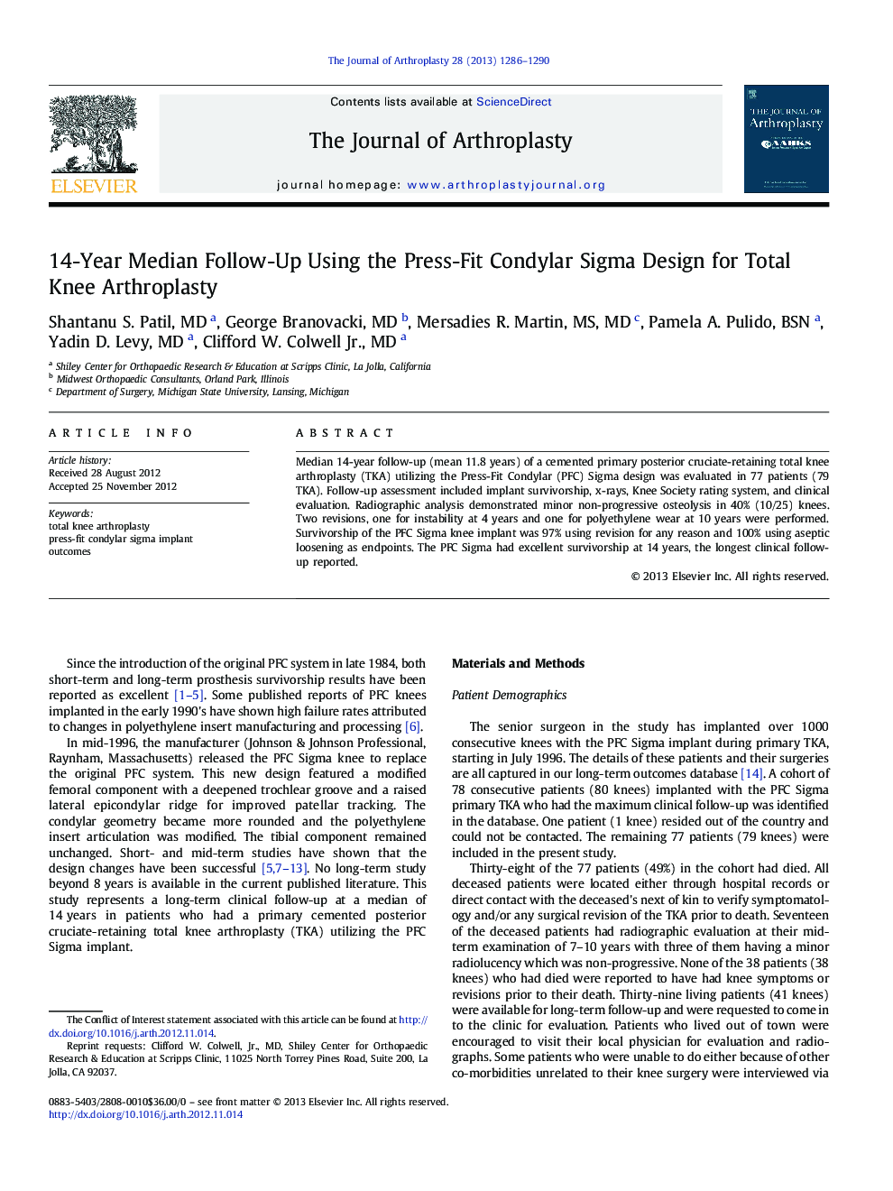 14-Year Median Follow-Up Using the Press-Fit Condylar Sigma Design for Total Knee Arthroplasty 