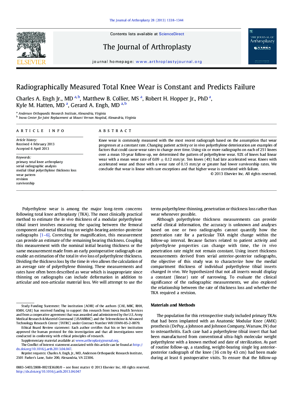 Radiographically Measured Total Knee Wear is Constant and Predicts Failure 