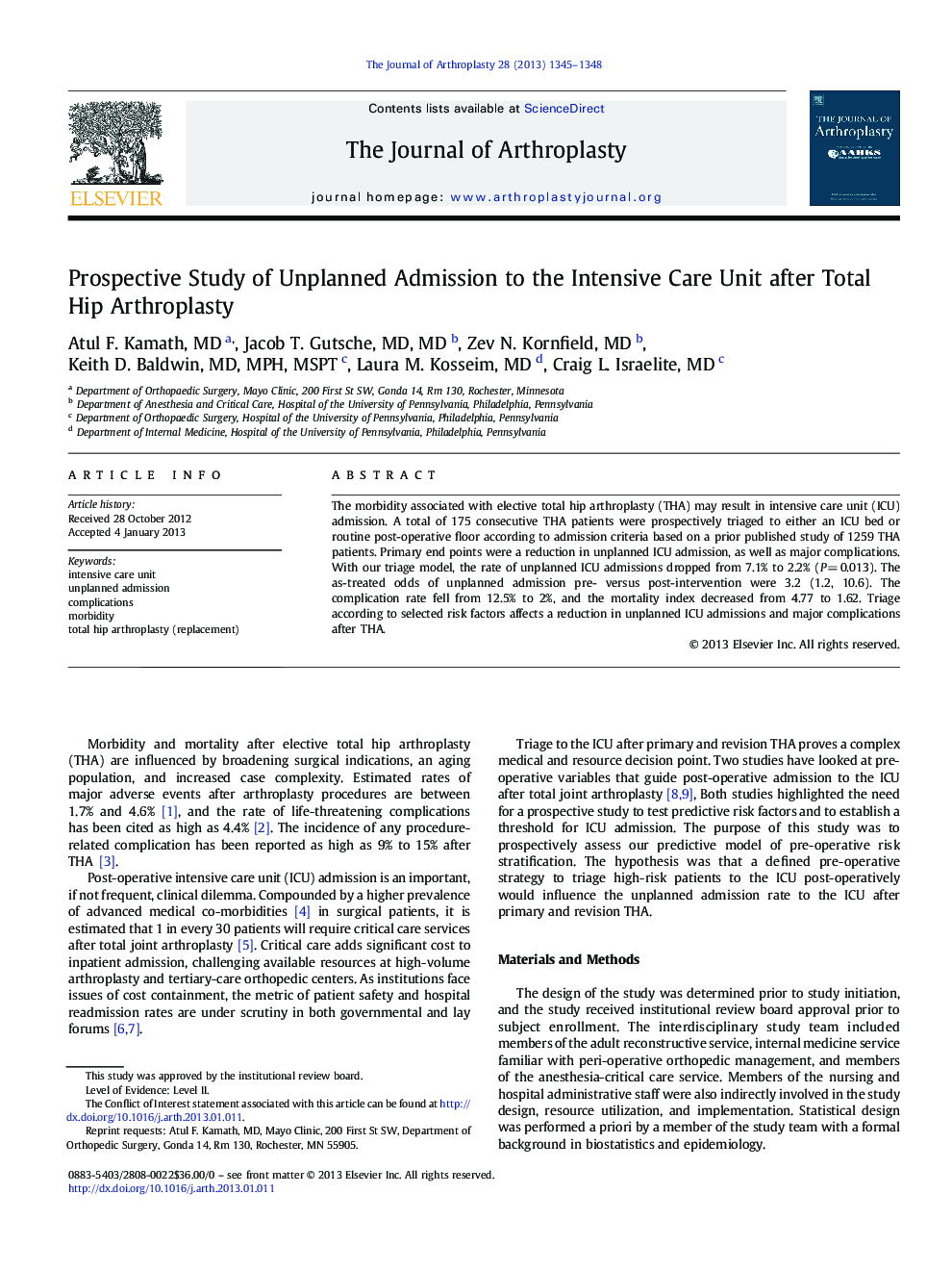 عکس صفحه اول مقاله: Prospective Study of Unplanned Admission to the Intensive Care Unit after Total Hip Arthroplasty Prospective Study of Unplanned Admission to the Intensive Care Unit after Total Hip Arthroplasty