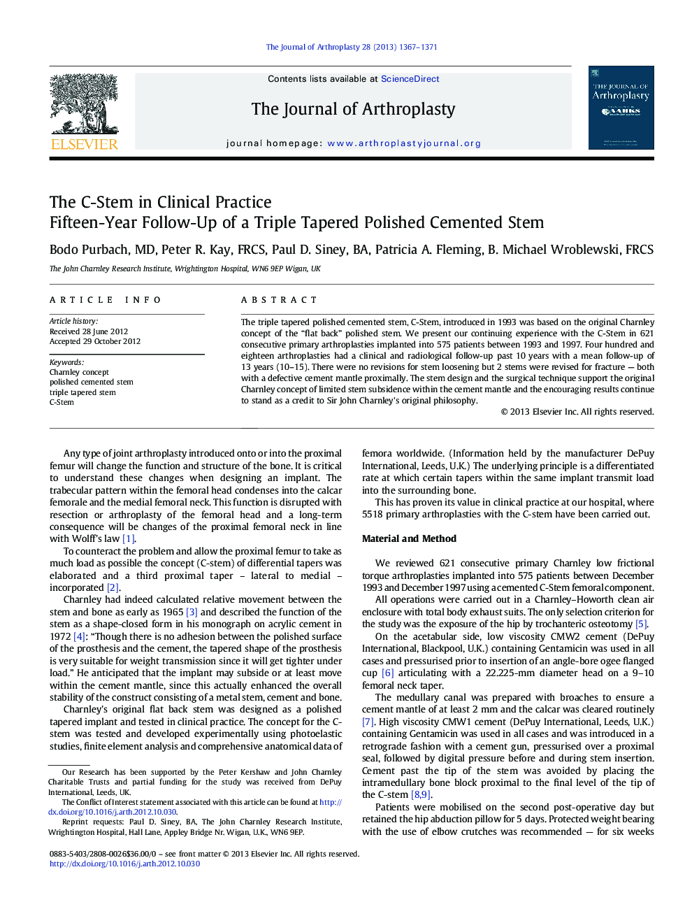 The C-Stem in Clinical Practice : Fifteen-Year Follow-Up of a Triple Tapered Polished Cemented Stem