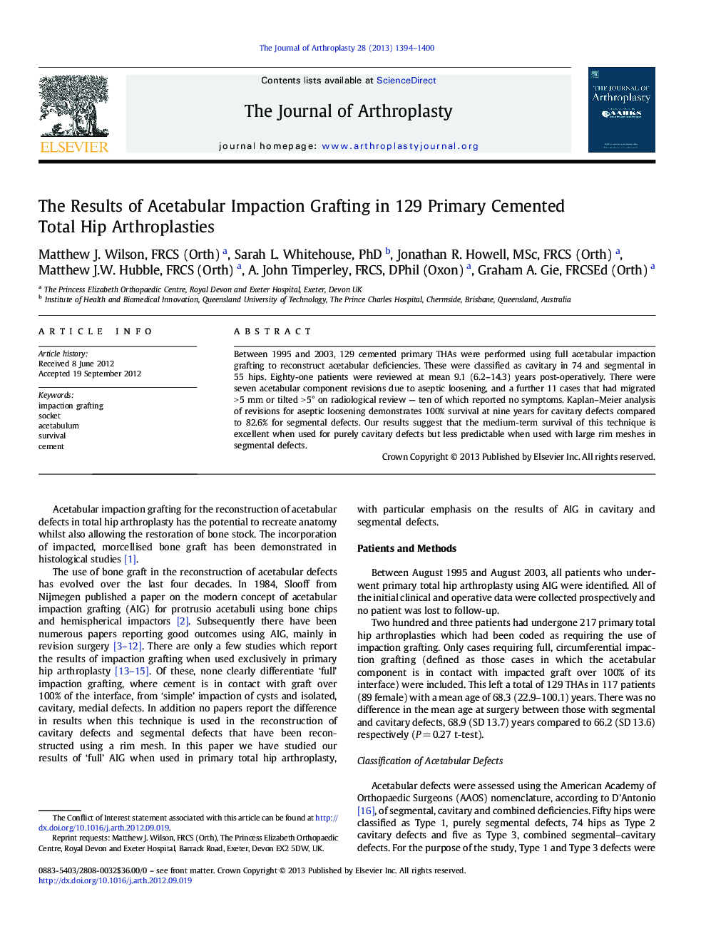 The Results of Acetabular Impaction Grafting in 129 Primary Cemented Total Hip Arthroplasties