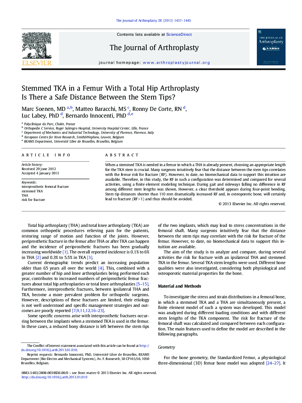 Stemmed TKA in a Femur With a Total Hip Arthroplasty : Is There a Safe Distance Between the Stem Tips?