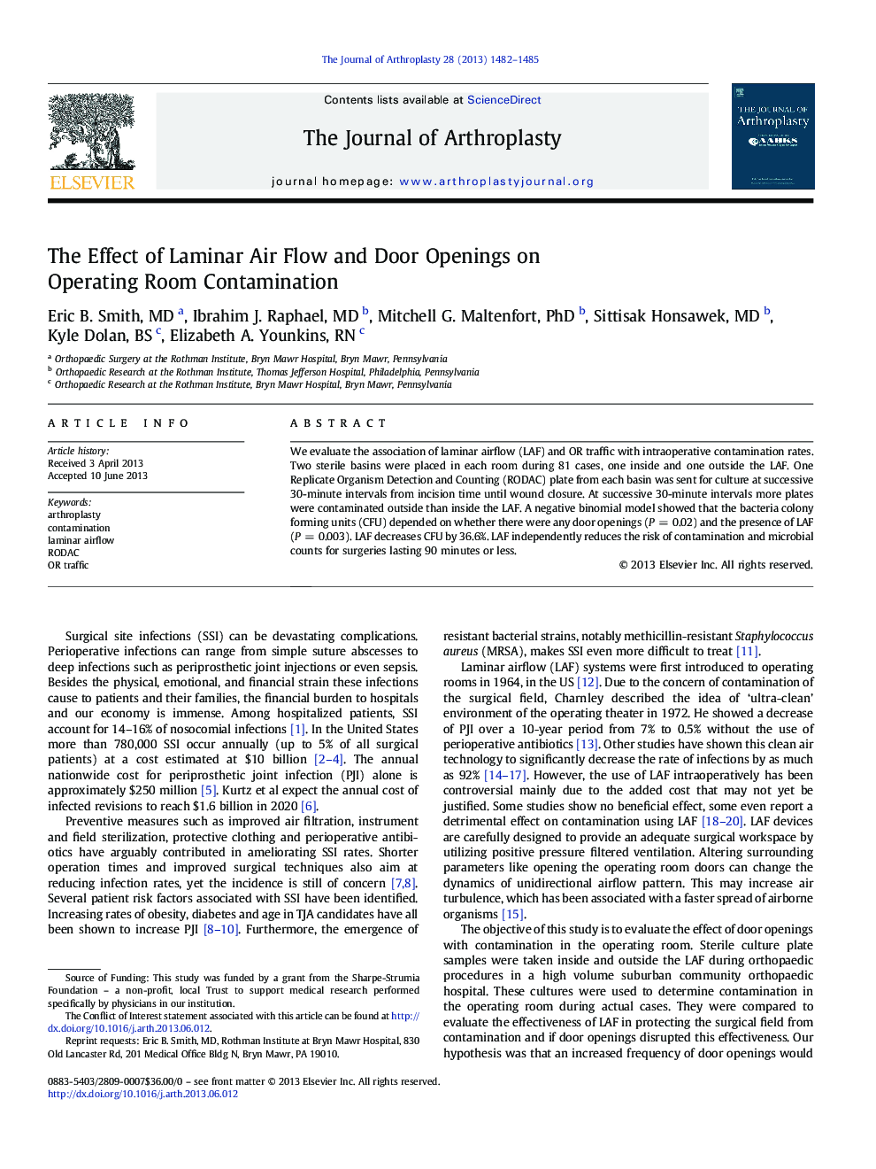 The Effect of Laminar Air Flow and Door Openings on Operating Room Contamination 