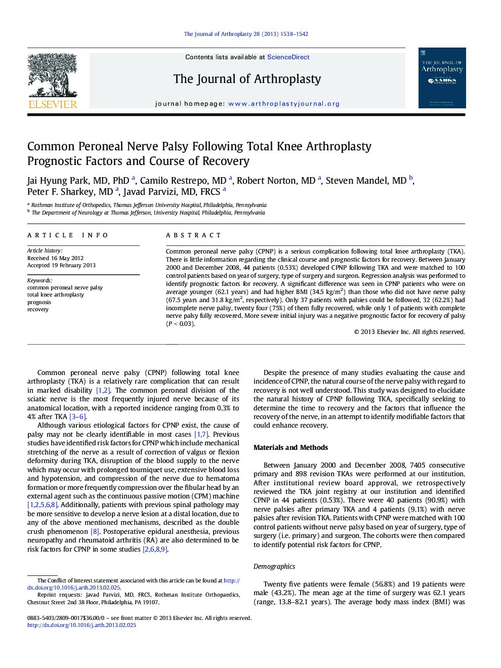 Common Peroneal Nerve Palsy Following Total Knee Arthroplasty : Prognostic Factors and Course of Recovery