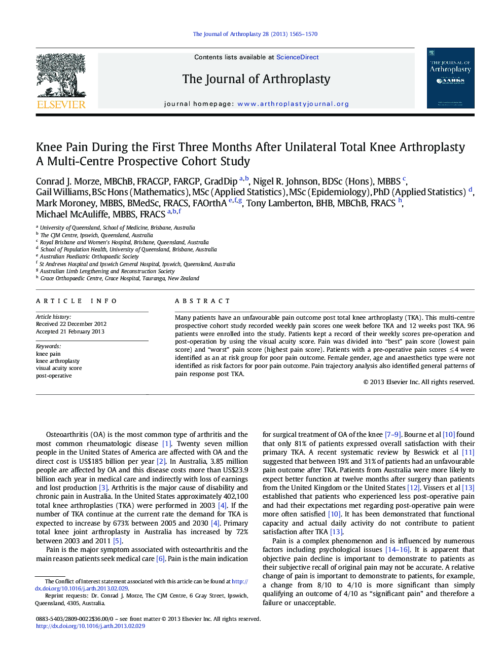 Knee Pain During the First Three Months After Unilateral Total Knee Arthroplasty : A Multi-Centre Prospective Cohort Study