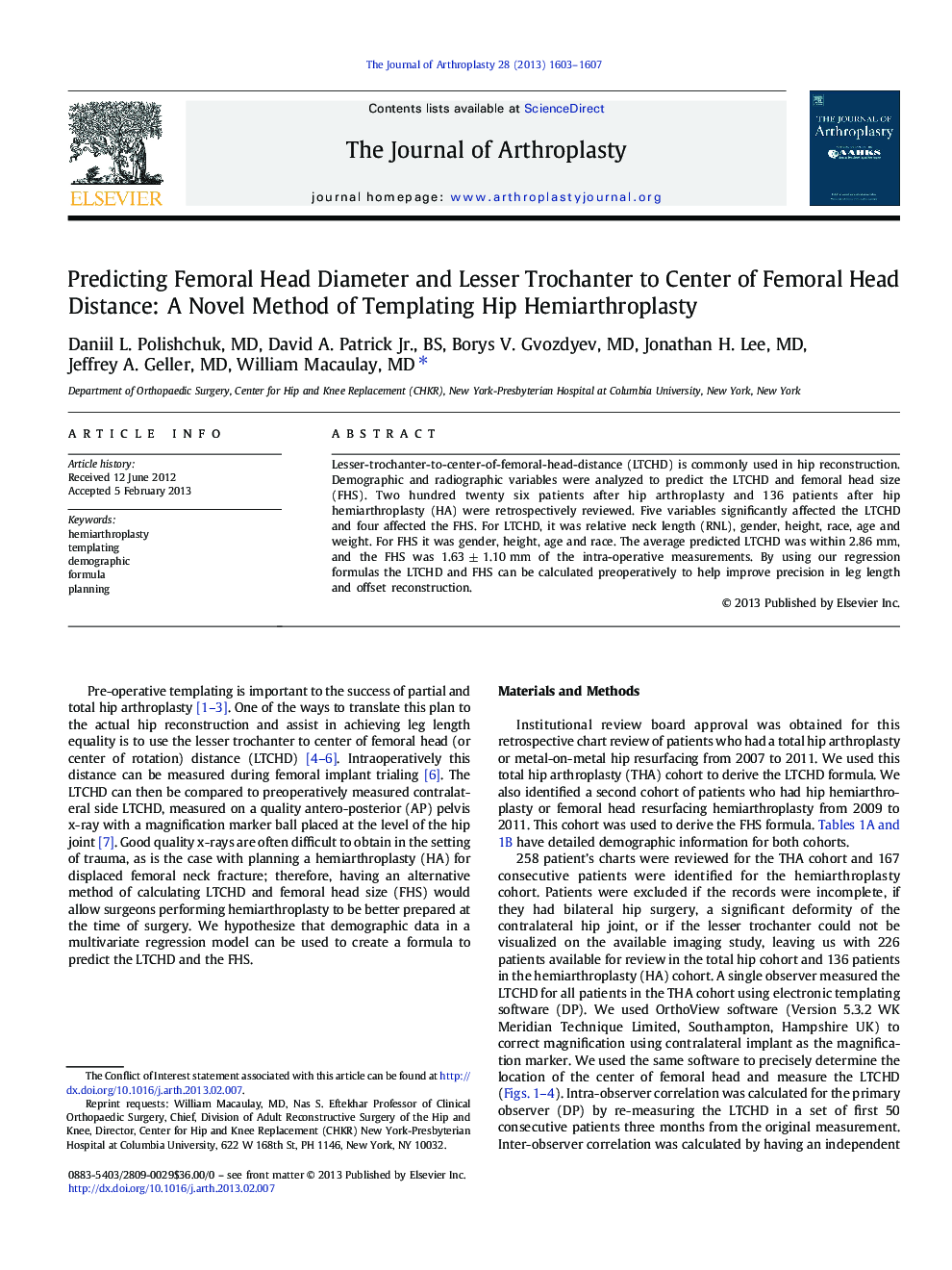 Predicting Femoral Head Diameter and Lesser Trochanter to Center of Femoral Head Distance: A Novel Method of Templating Hip Hemiarthroplasty 