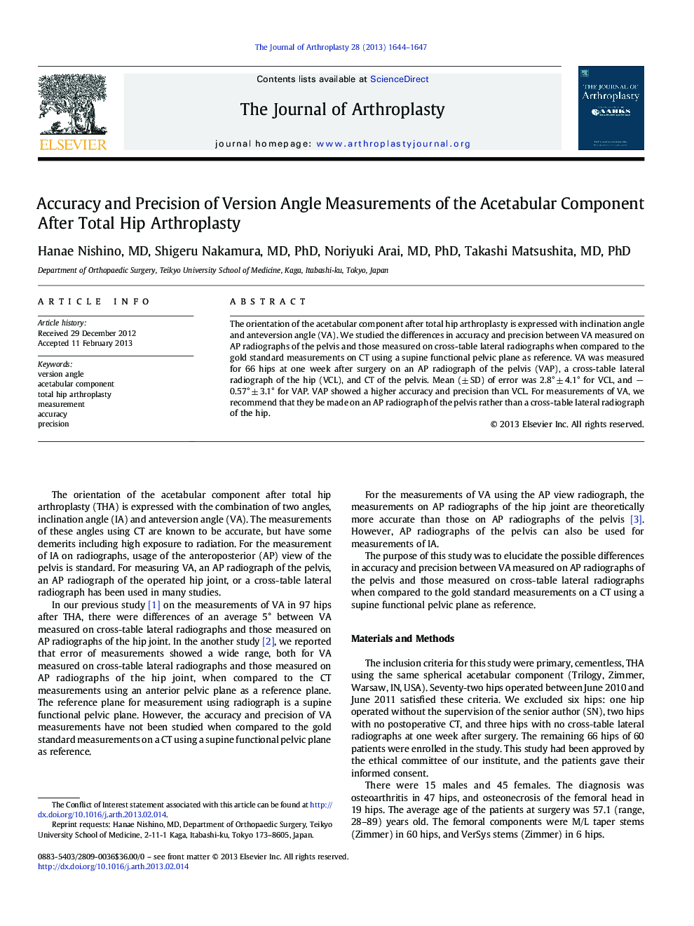 Accuracy and Precision of Version Angle Measurements of the Acetabular Component After Total Hip Arthroplasty 