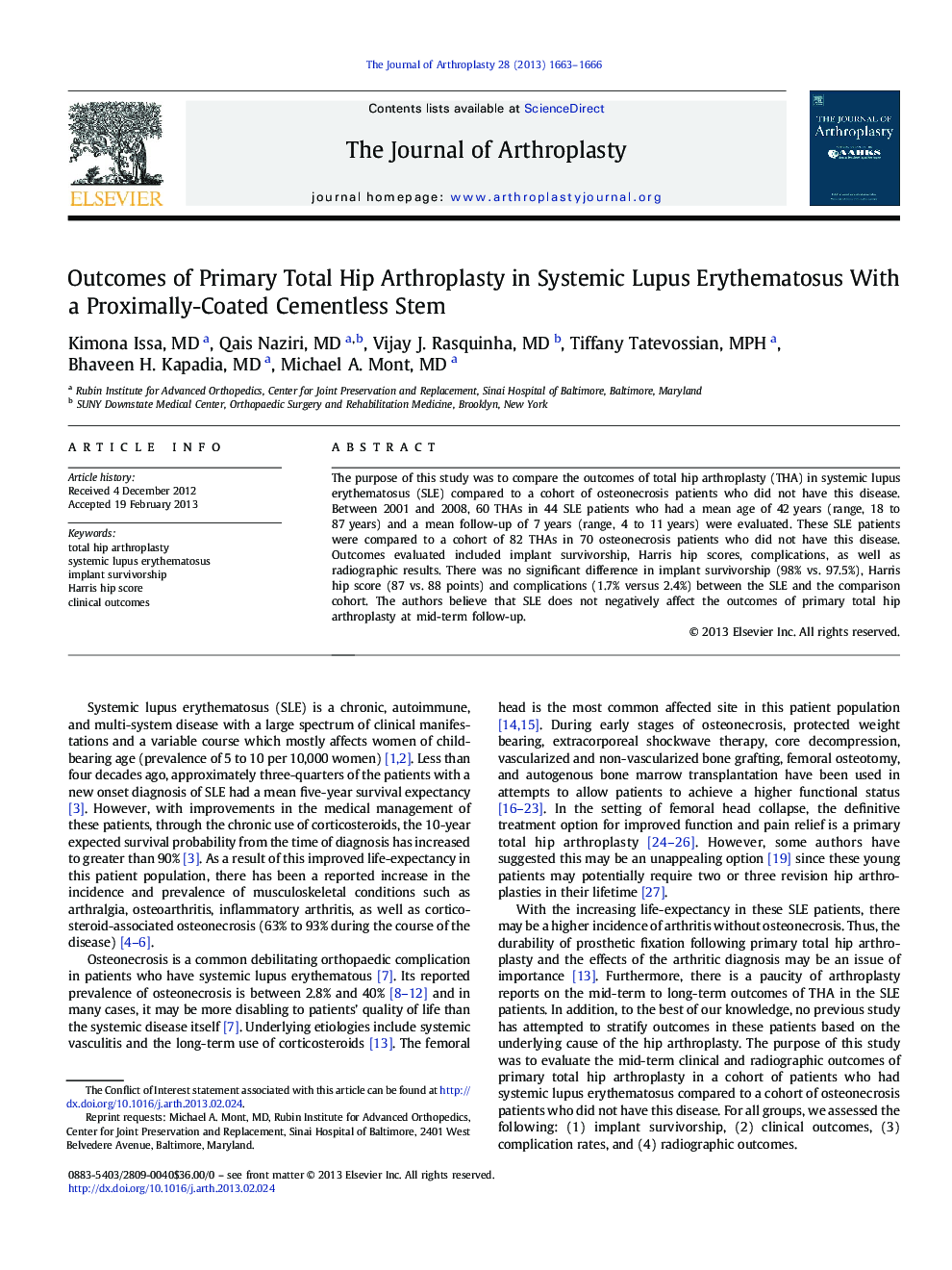 Outcomes of Primary Total Hip Arthroplasty in Systemic Lupus Erythematosus With a Proximally-Coated Cementless Stem 