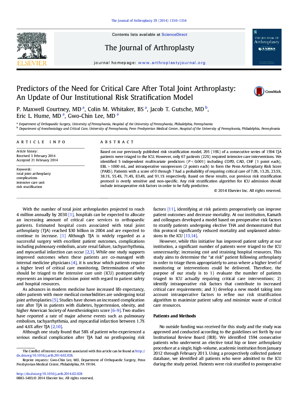 Predictors of the Need for Critical Care After Total Joint Arthroplasty: An Update of Our Institutional Risk Stratification Model 