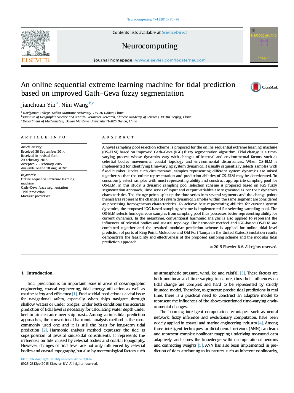 An online sequential extreme learning machine for tidal prediction based on improved Gath–Geva fuzzy segmentation