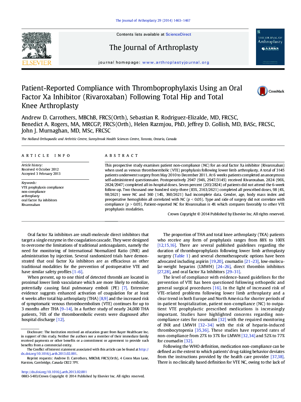 Patient-Reported Compliance with Thromboprophylaxis Using an Oral Factor Xa Inhibitor (Rivaroxaban) Following Total Hip and Total Knee Arthroplasty 