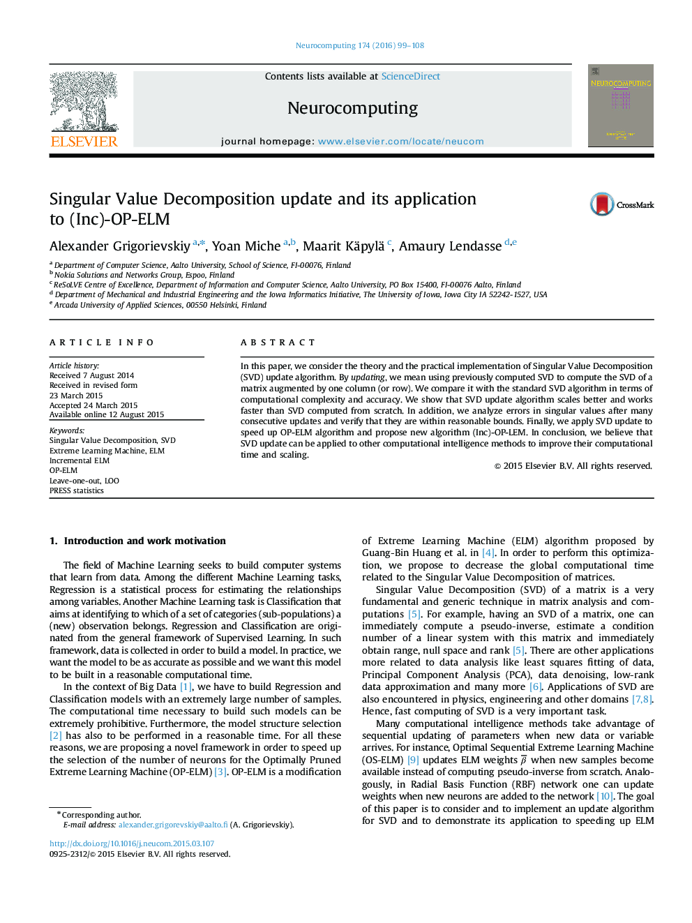 Singular Value Decomposition update and its application to (Inc)-OP-ELM