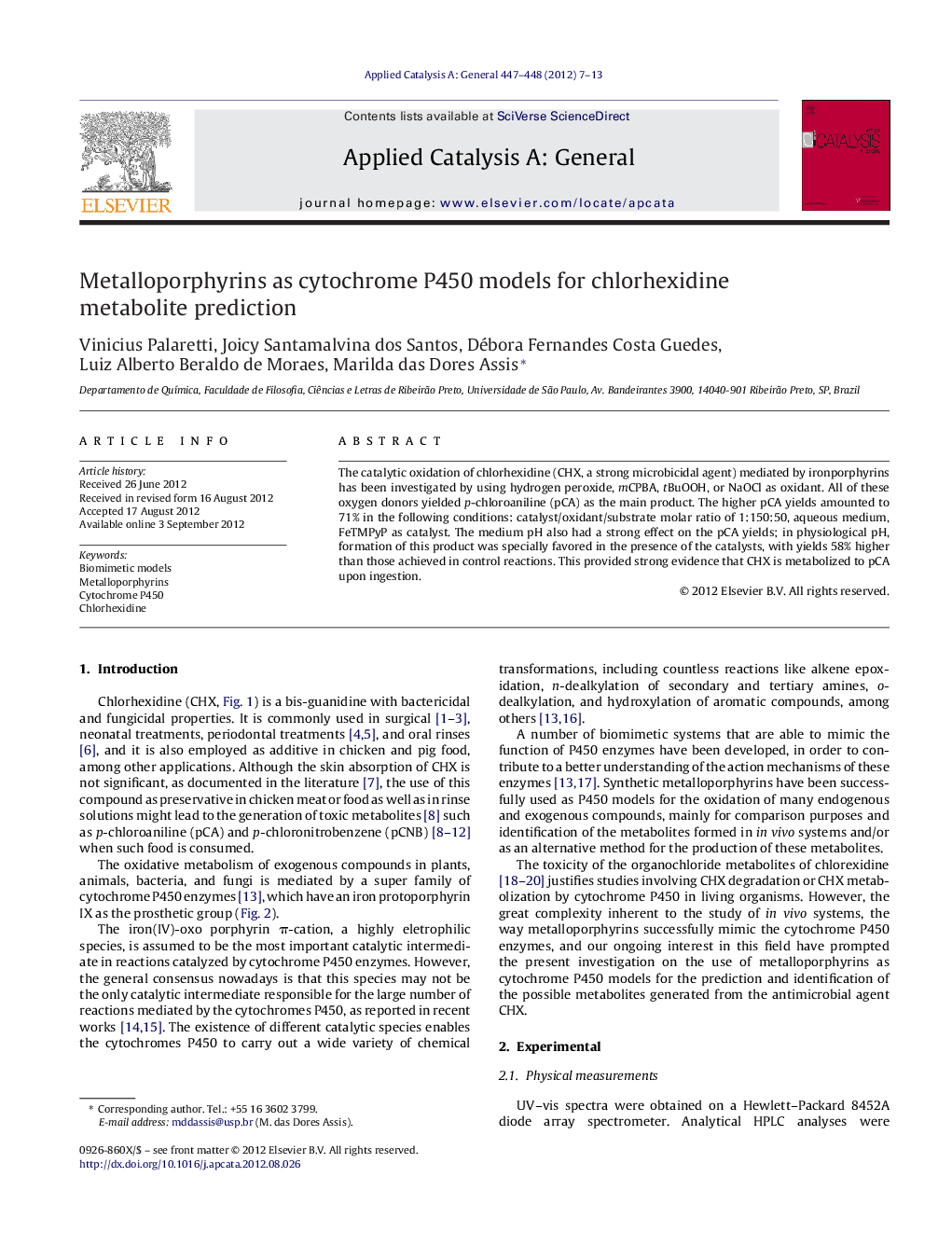 عکس صفحه اول مقاله: Metalloporphyrins as cytochrome P450 models for chlorhexidine metabolite prediction Metalloporphyrins as cytochrome P450 models for chlorhexidine metabolite prediction