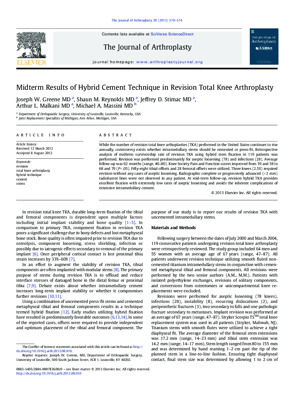 Midterm Results of Hybrid Cement Technique in Revision Total Knee Arthroplasty 