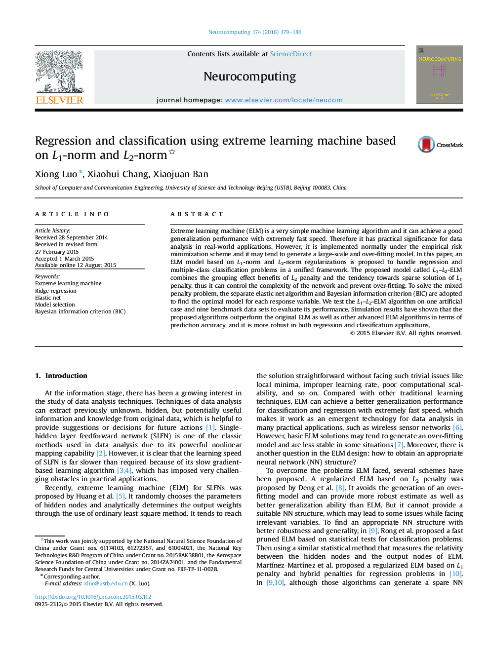 عکس صفحه اول مقاله: Regression and classification using extreme learning machine based on L1-norm and L2-norm Regression and classification using extreme learning machine based on L1-norm and L2-norm
