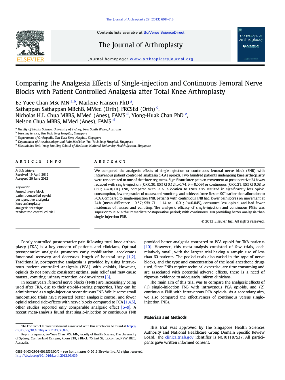 Comparing the Analgesia Effects of Single-injection and Continuous Femoral Nerve Blocks with Patient Controlled Analgesia after Total Knee Arthroplasty 