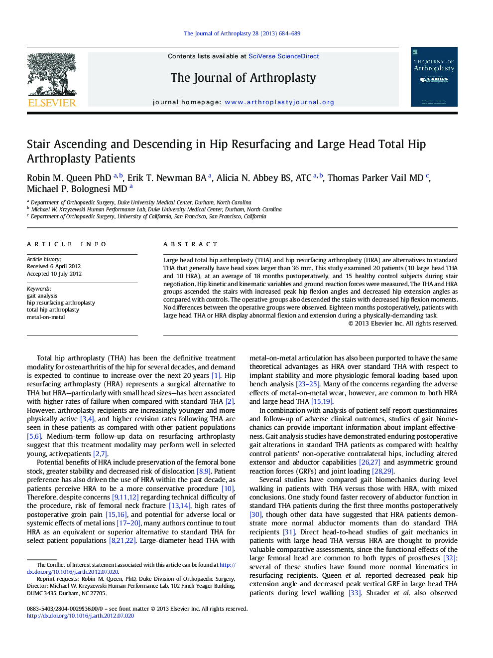 Stair Ascending and Descending in Hip Resurfacing and Large Head Total Hip Arthroplasty Patients 