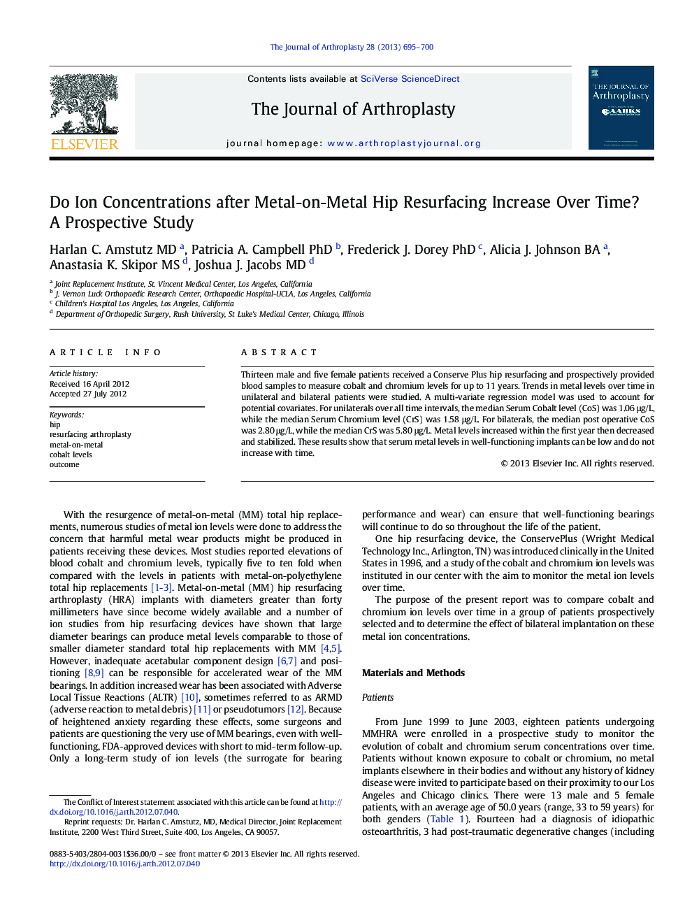 Do Ion Concentrations after Metal-on-Metal Hip Resurfacing Increase Over Time? A Prospective Study 