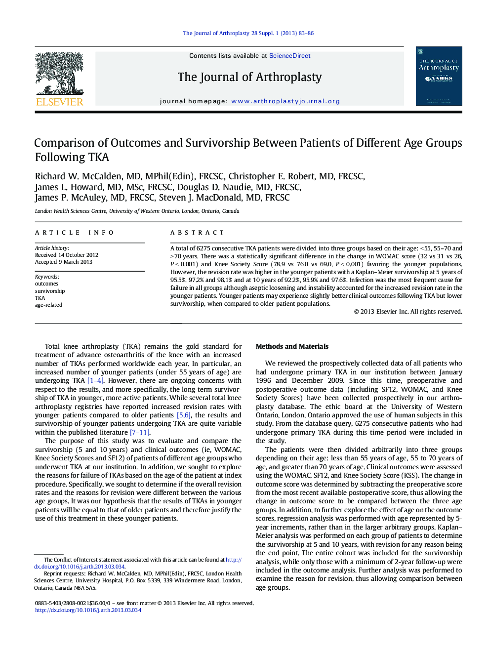 Comparison of Outcomes and Survivorship Between Patients of Different Age Groups Following TKA 