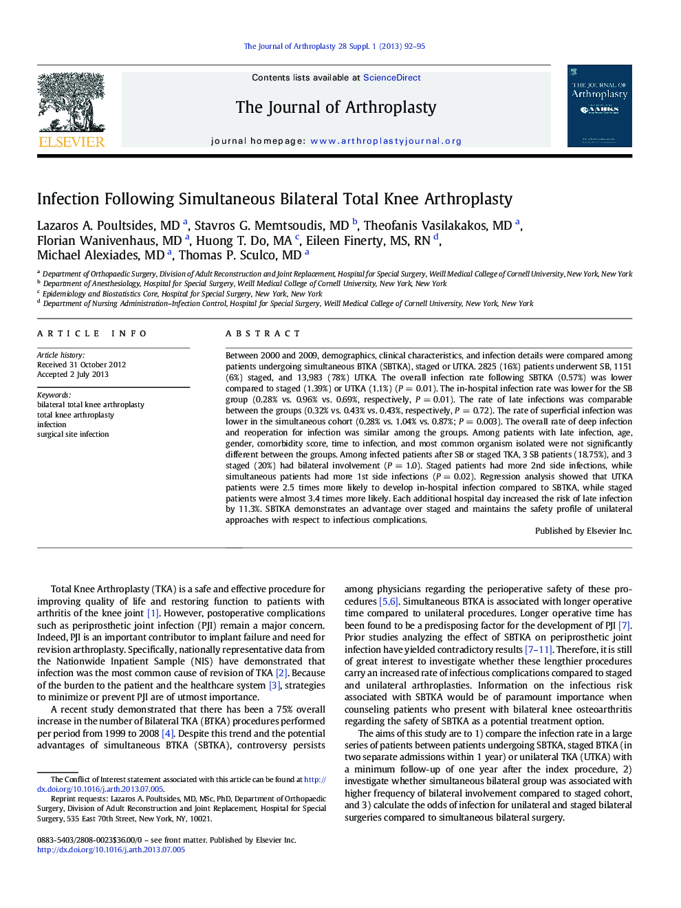 Infection Following Simultaneous Bilateral Total Knee Arthroplasty 