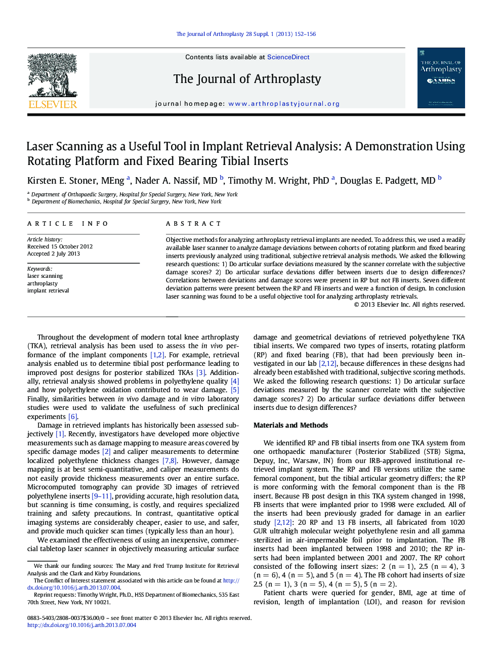 Laser Scanning as a Useful Tool in Implant Retrieval Analysis: A Demonstration Using Rotating Platform and Fixed Bearing Tibial Inserts 