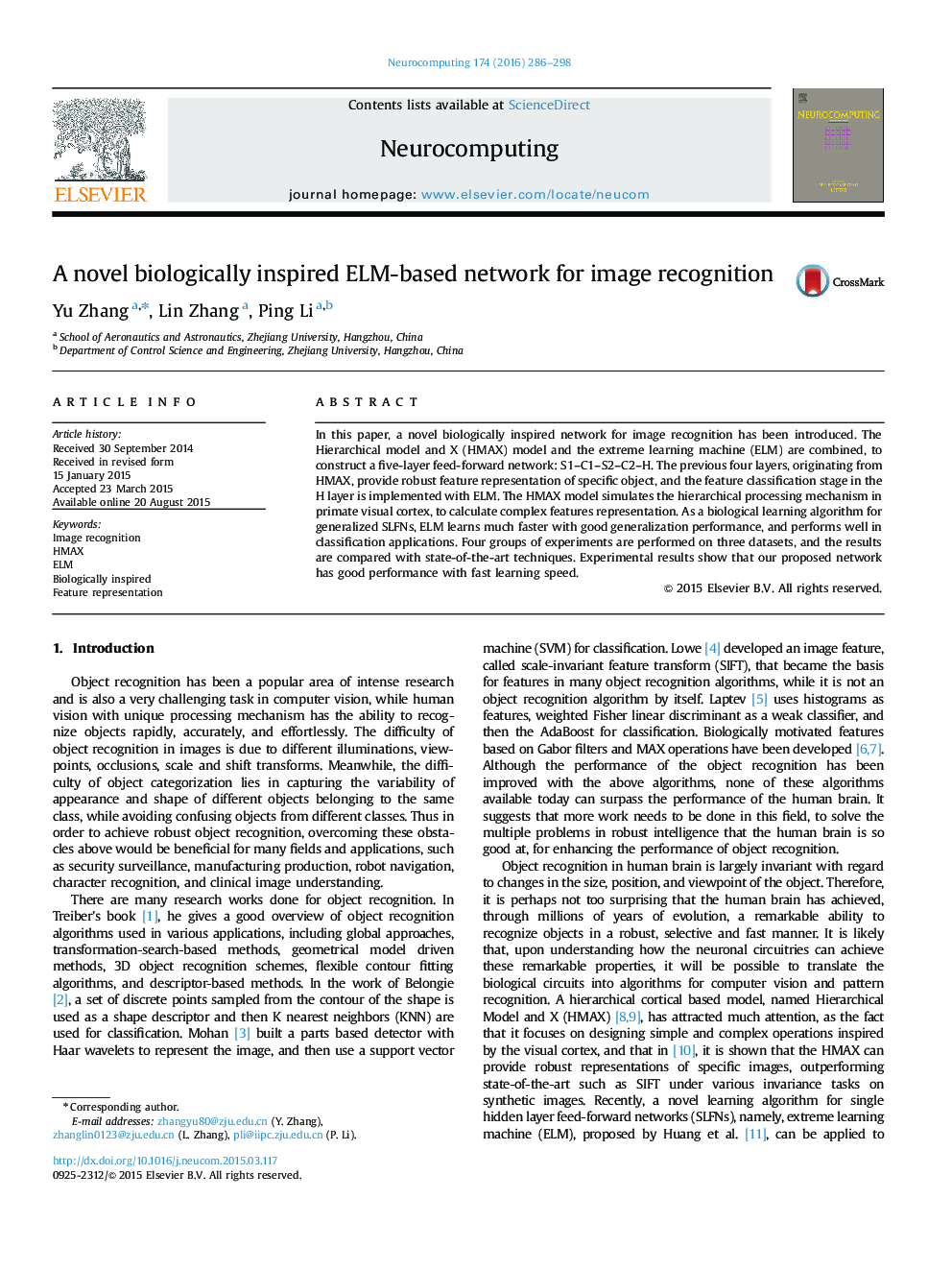 A novel biologically inspired ELM-based network for image recognition