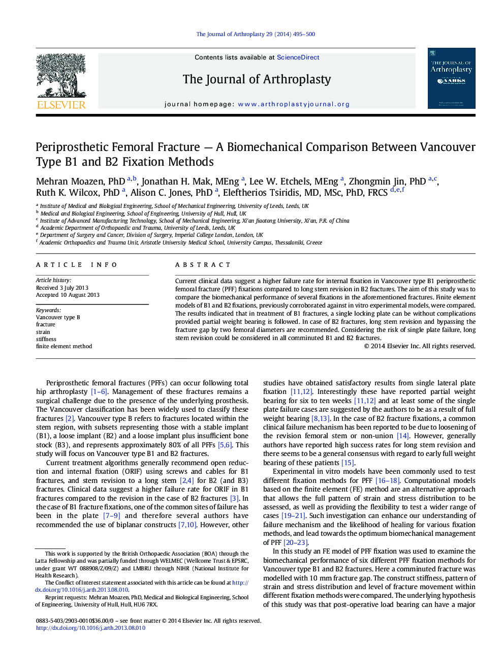 Periprosthetic Femoral Fracture — A Biomechanical Comparison Between Vancouver Type B1 and B2 Fixation Methods 
