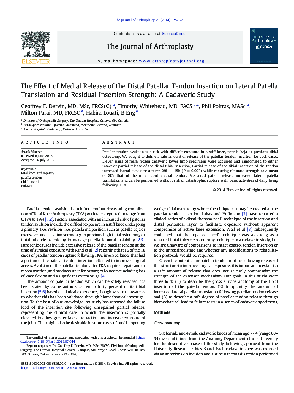 The Effect of Medial Release of the Distal Patellar Tendon Insertion on Lateral Patella Translation and Residual Insertion Strength: A Cadaveric Study 