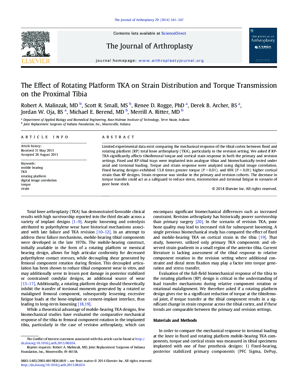 The Effect of Rotating Platform TKA on Strain Distribution and Torque Transmission on the Proximal Tibia 