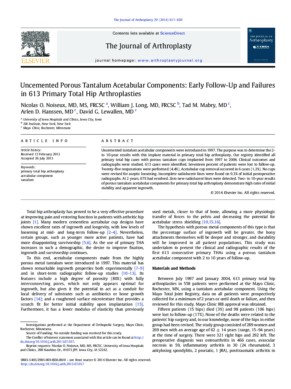 Uncemented Porous Tantalum Acetabular Components: Early Follow-Up and Failures in 613 Primary Total Hip Arthroplasties 