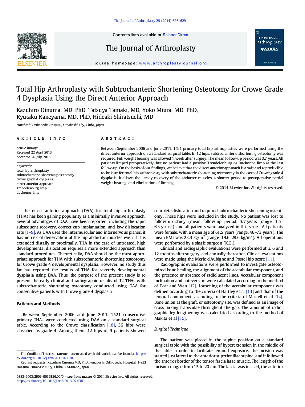 Total Hip Arthroplasty with Subtrochanteric Shortening Osteotomy for Crowe Grade 4 Dysplasia Using the Direct Anterior Approach 