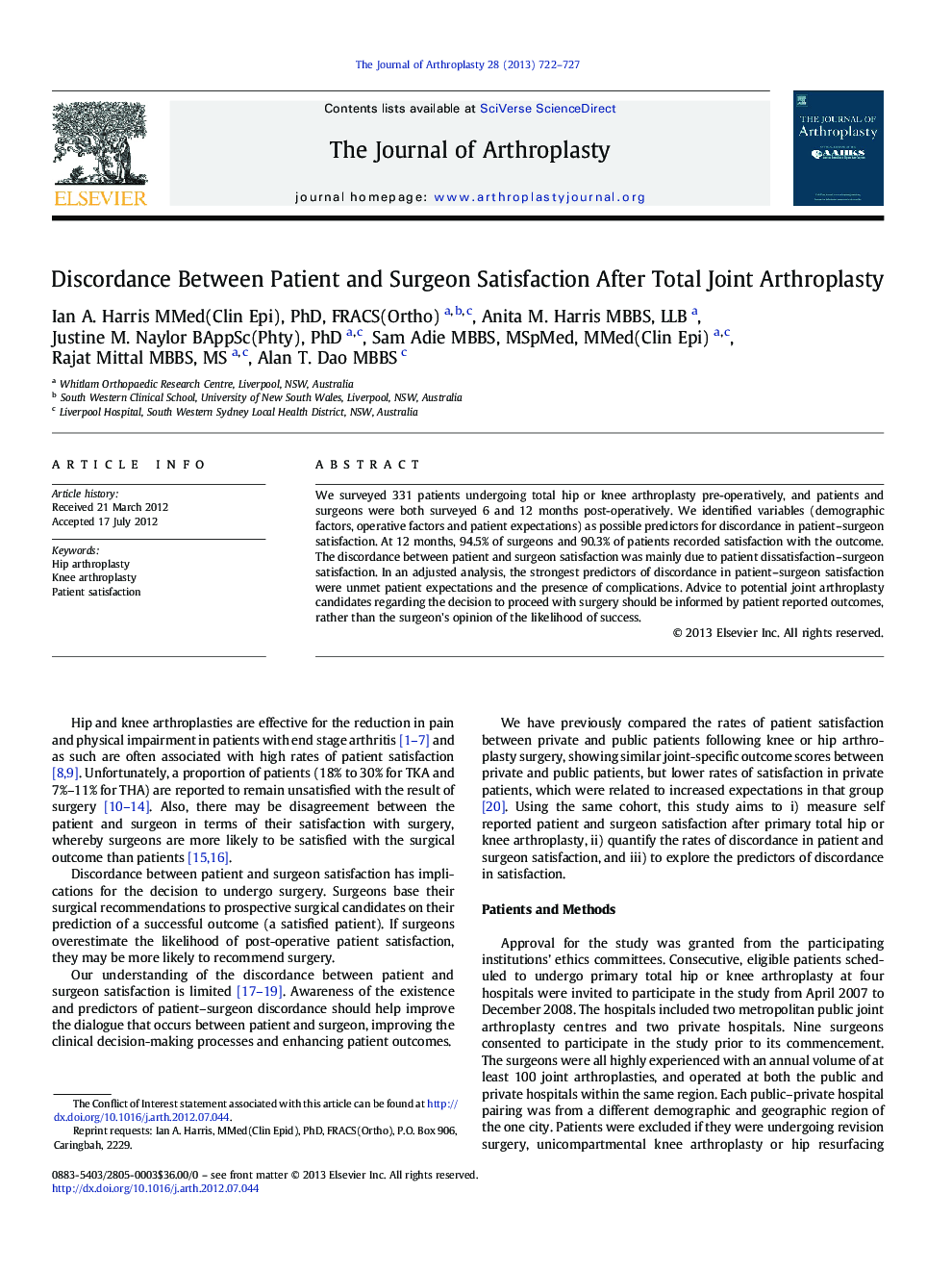 Discordance Between Patient and Surgeon Satisfaction After Total Joint Arthroplasty 