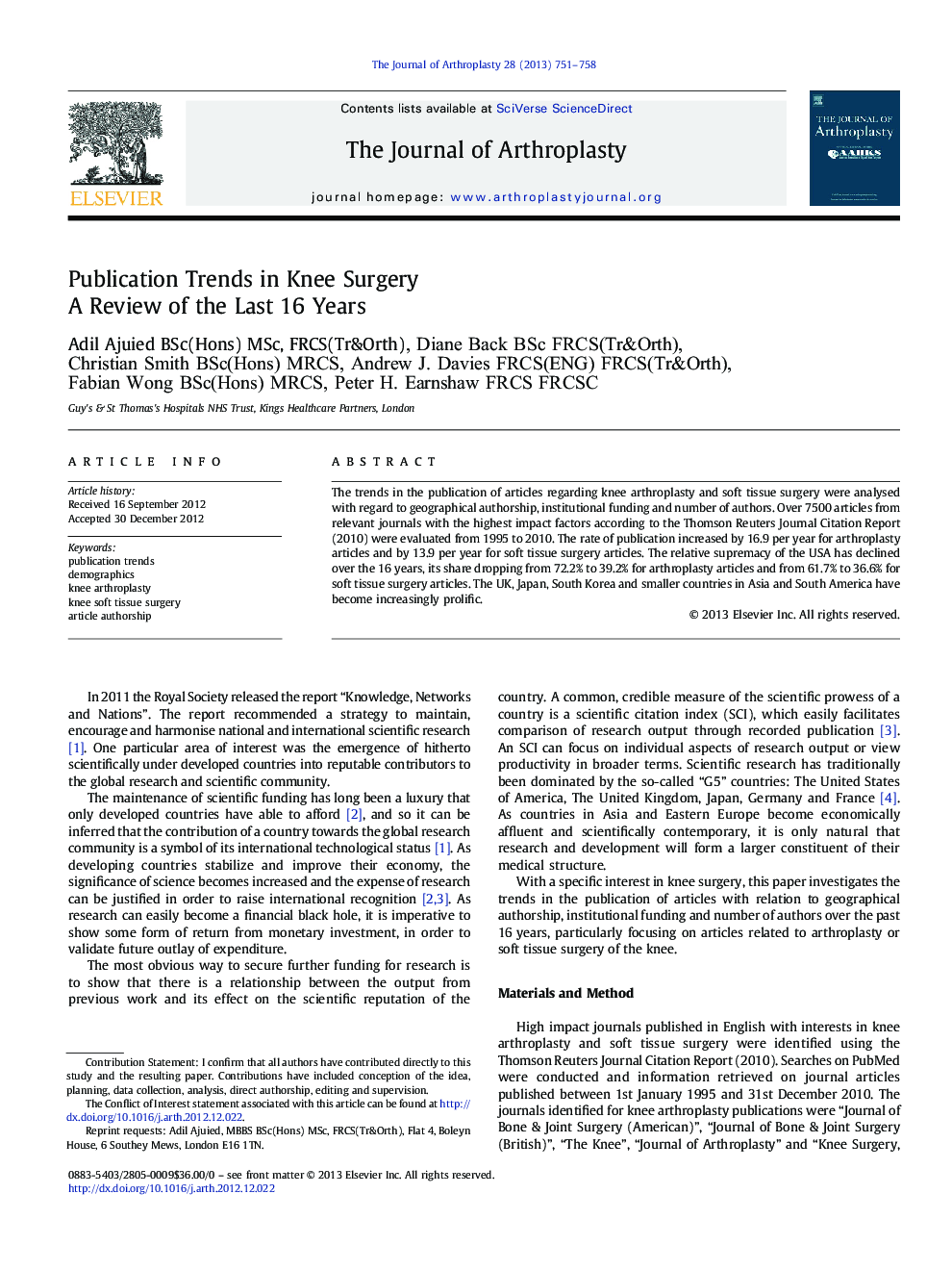 Publication Trends in Knee Surgery : A Review of the Last 16 Years