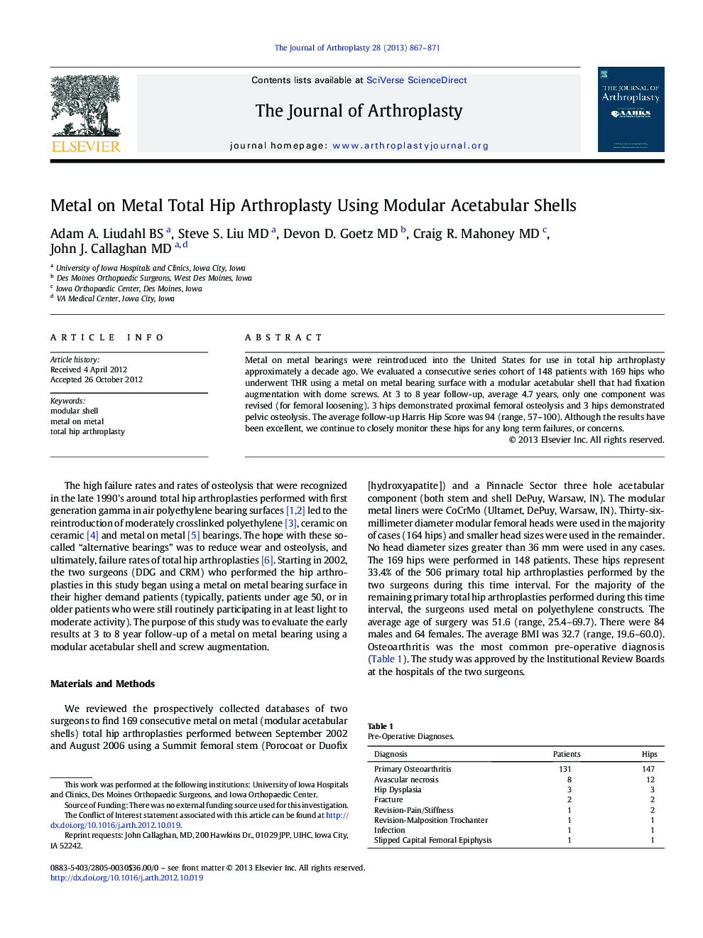 Metal on Metal Total Hip Arthroplasty Using Modular Acetabular Shells 