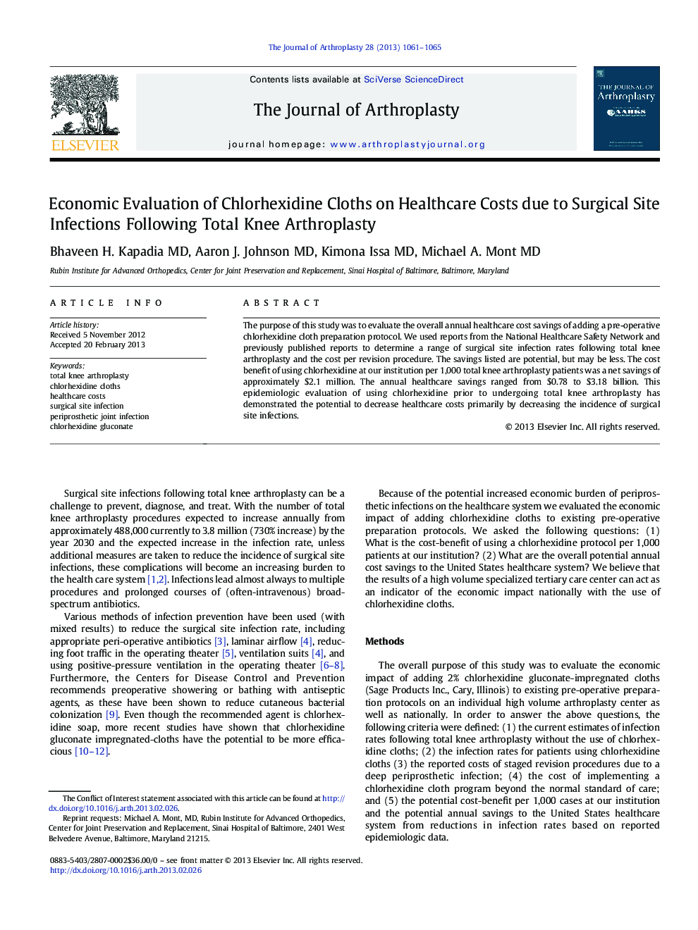 Economic Evaluation of Chlorhexidine Cloths on Healthcare Costs due to Surgical Site Infections Following Total Knee Arthroplasty 