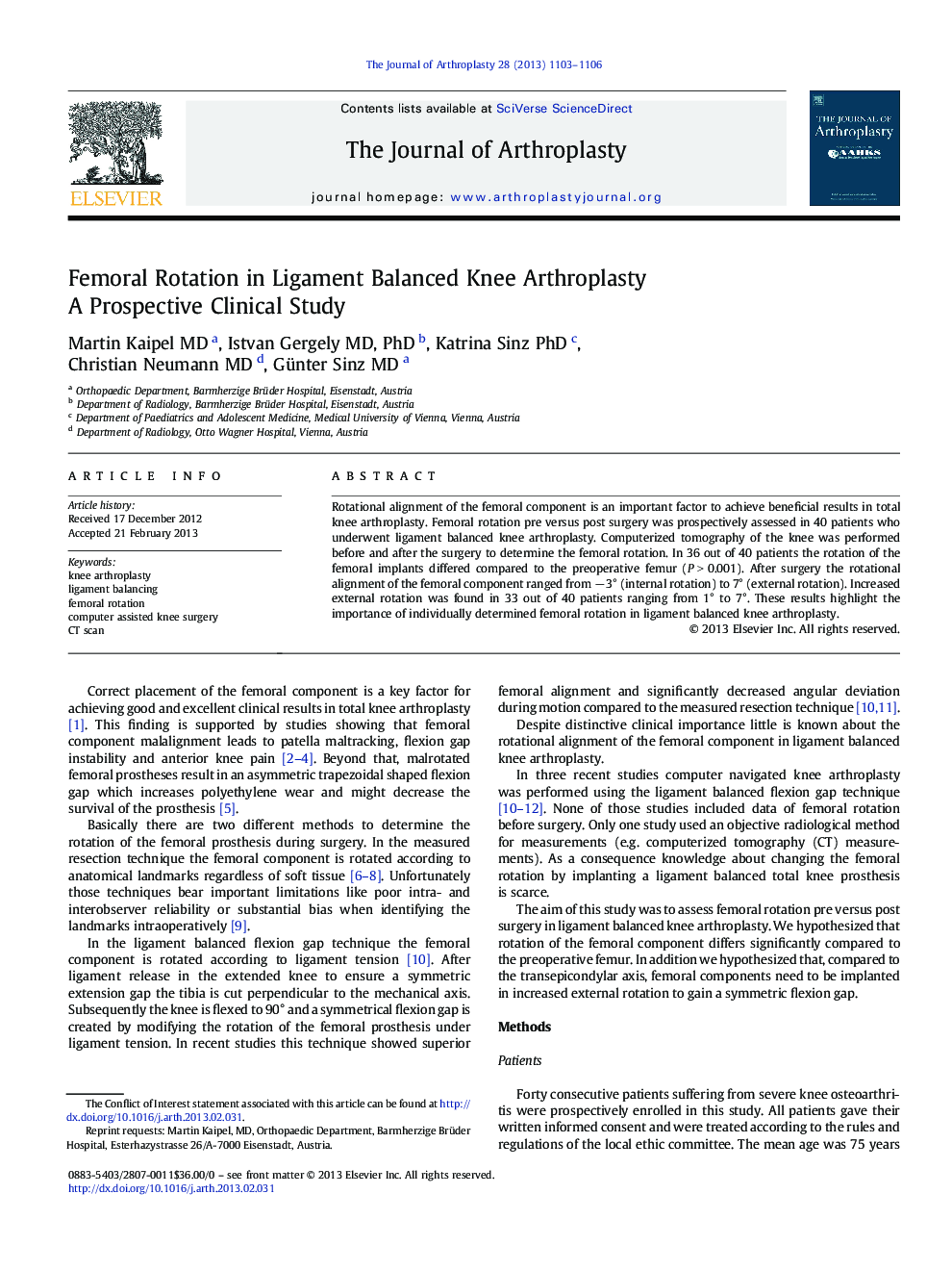 Femoral Rotation in Ligament Balanced Knee Arthroplasty : A Prospective Clinical Study