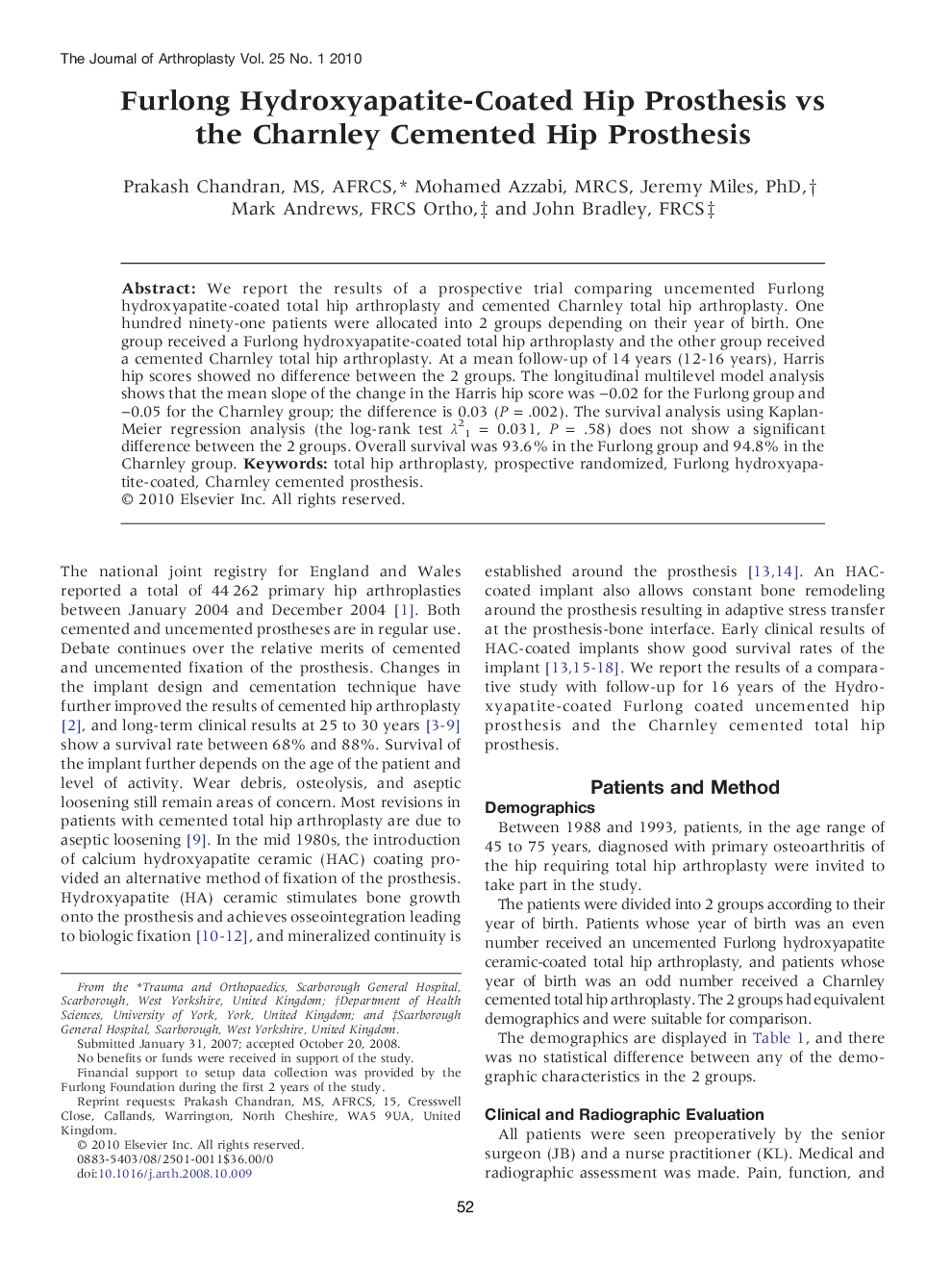 Furlong Hydroxyapatite-Coated Hip Prosthesis vs the Charnley Cemented Hip Prosthesis 