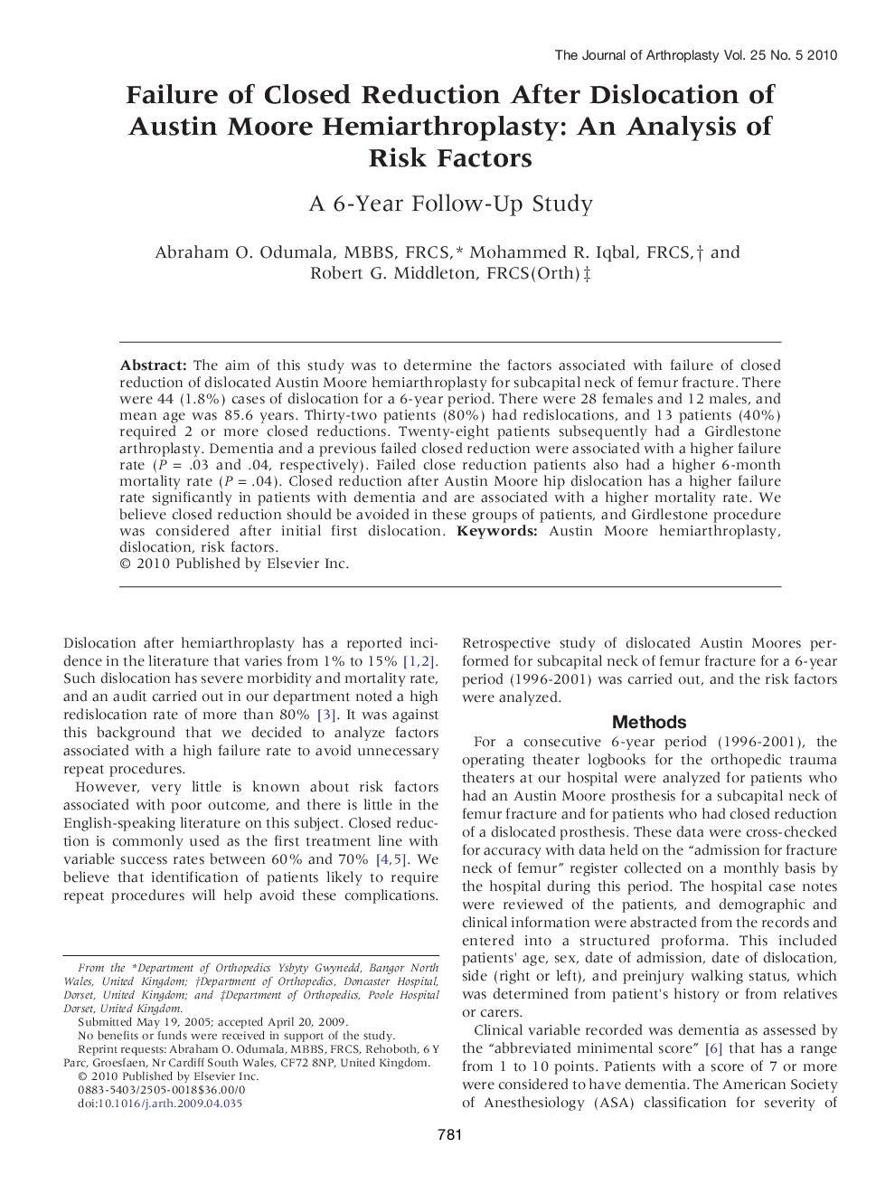Failure of Closed Reduction After Dislocation of Austin Moore Hemiarthroplasty: An Analysis of Risk Factors : A 6-Year Follow-Up Study