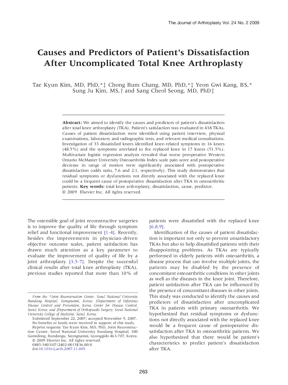 Causes and Predictors of Patient's Dissatisfaction After Uncomplicated Total Knee Arthroplasty 