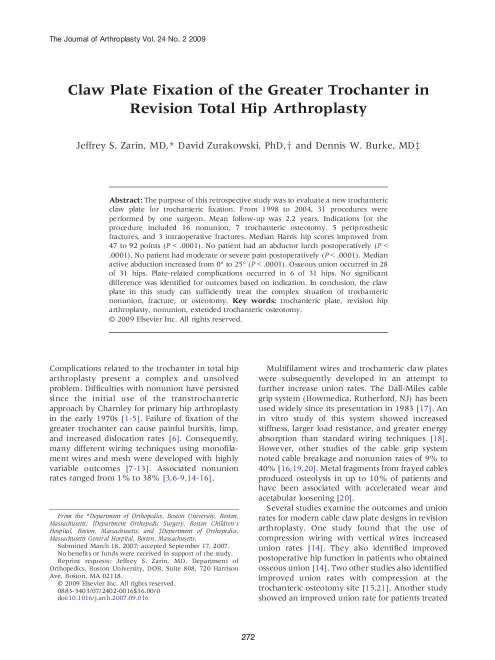 Claw Plate Fixation of the Greater Trochanter in Revision Total Hip Arthroplasty 