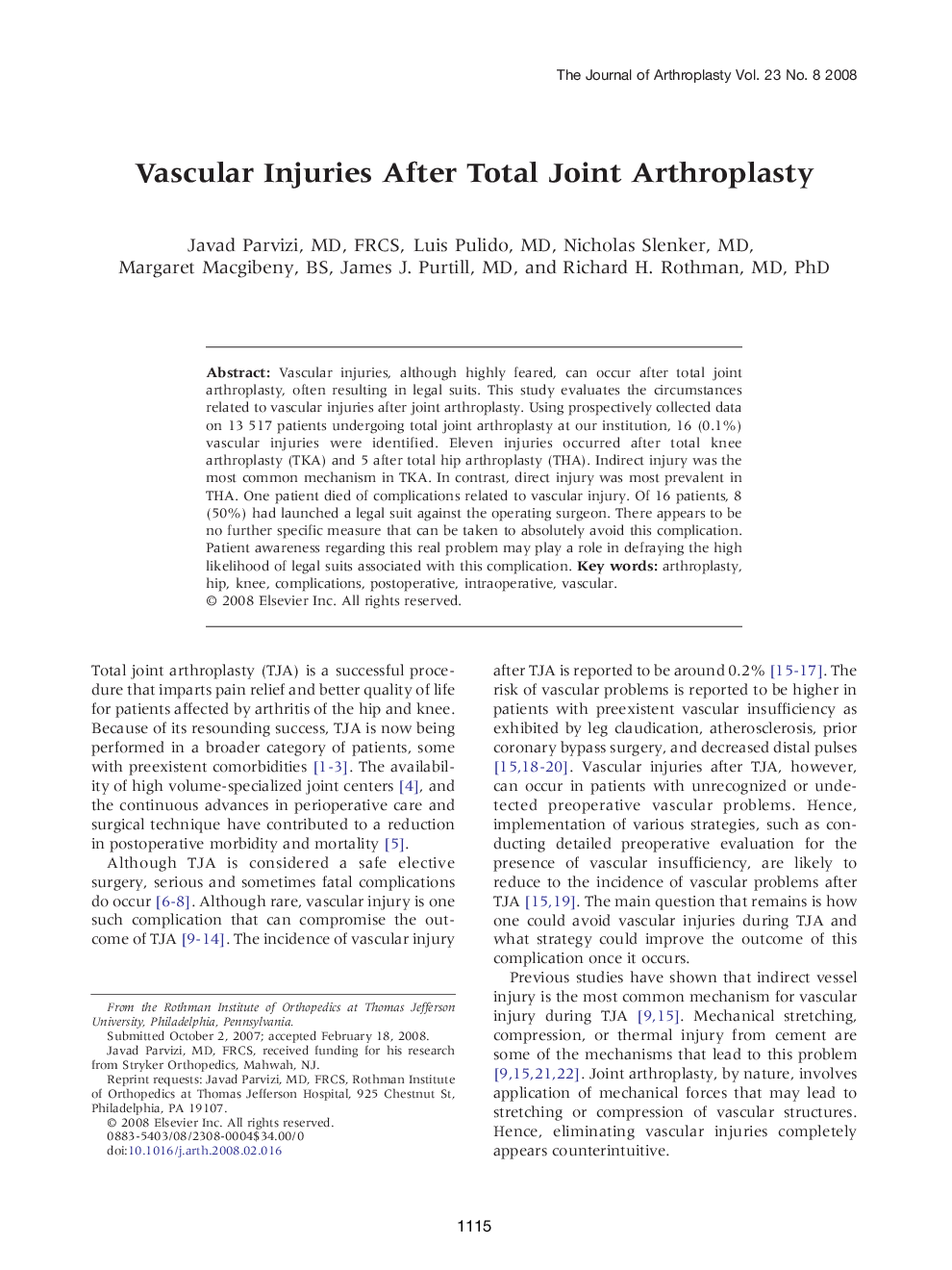 Vascular Injuries After Total Joint Arthroplasty 