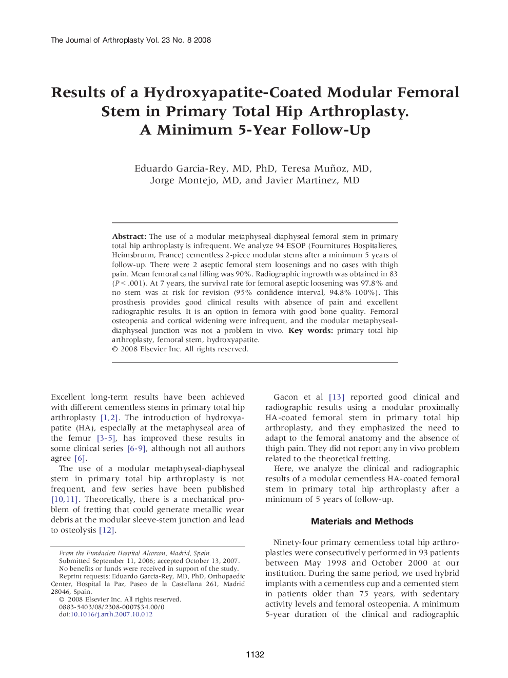 Results of a Hydroxyapatite-Coated Modular Femoral Stem in Primary Total Hip Arthroplasty. A Minimum 5-Year Follow-Up 