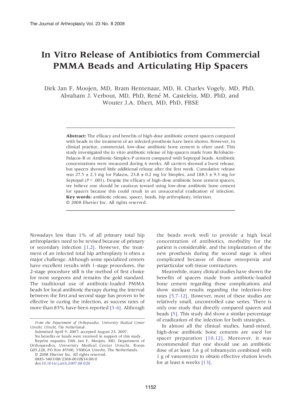 In Vitro Release of Antibiotics from Commercial PMMA Beads and Articulating Hip Spacers 