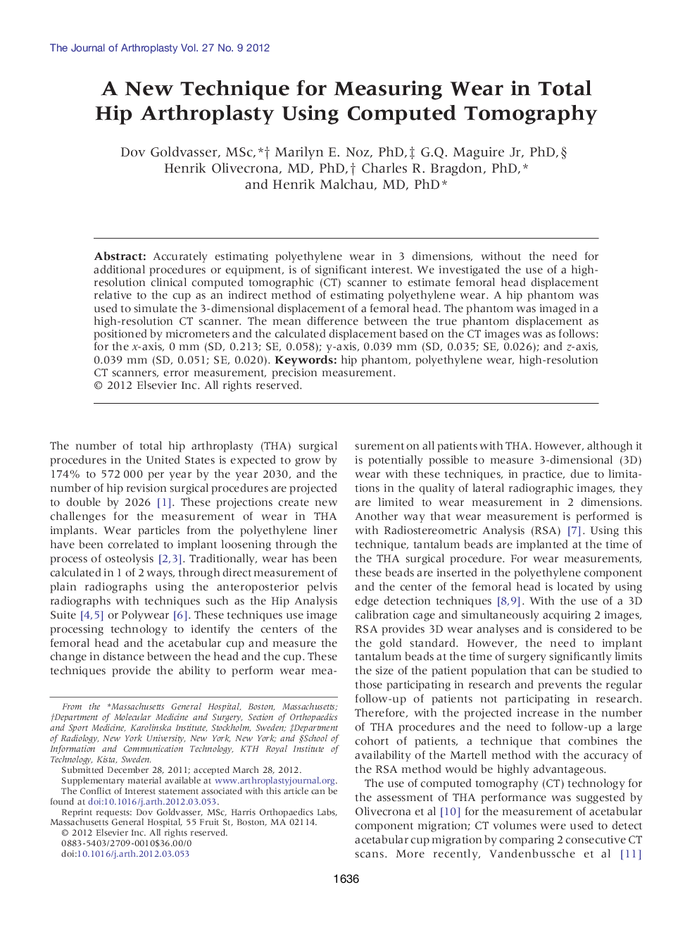 A New Technique for Measuring Wear in Total Hip Arthroplasty Using Computed Tomography