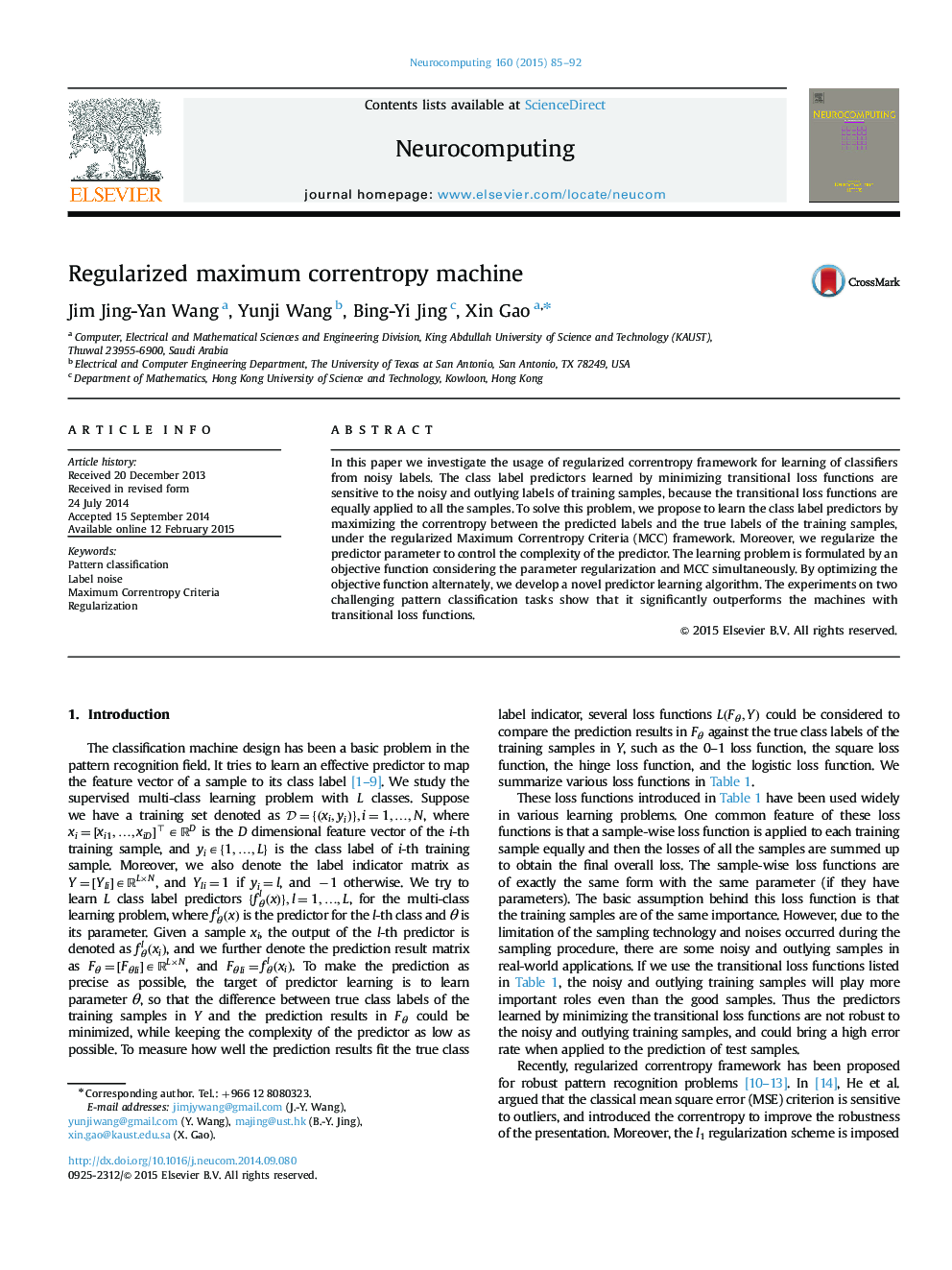 Regularized maximum correntropy machine