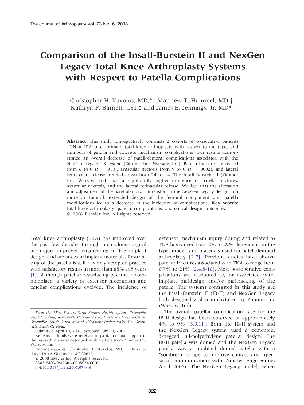 Comparison of the Insall-Burstein II and NexGen Legacy Total Knee Arthroplasty Systems with Respect to Patella Complications 