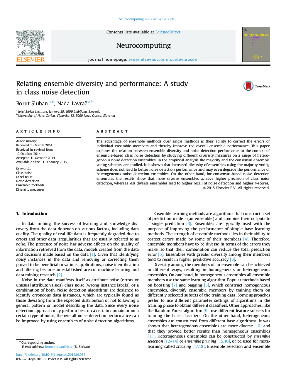 Relating ensemble diversity and performance: A study in class noise detection