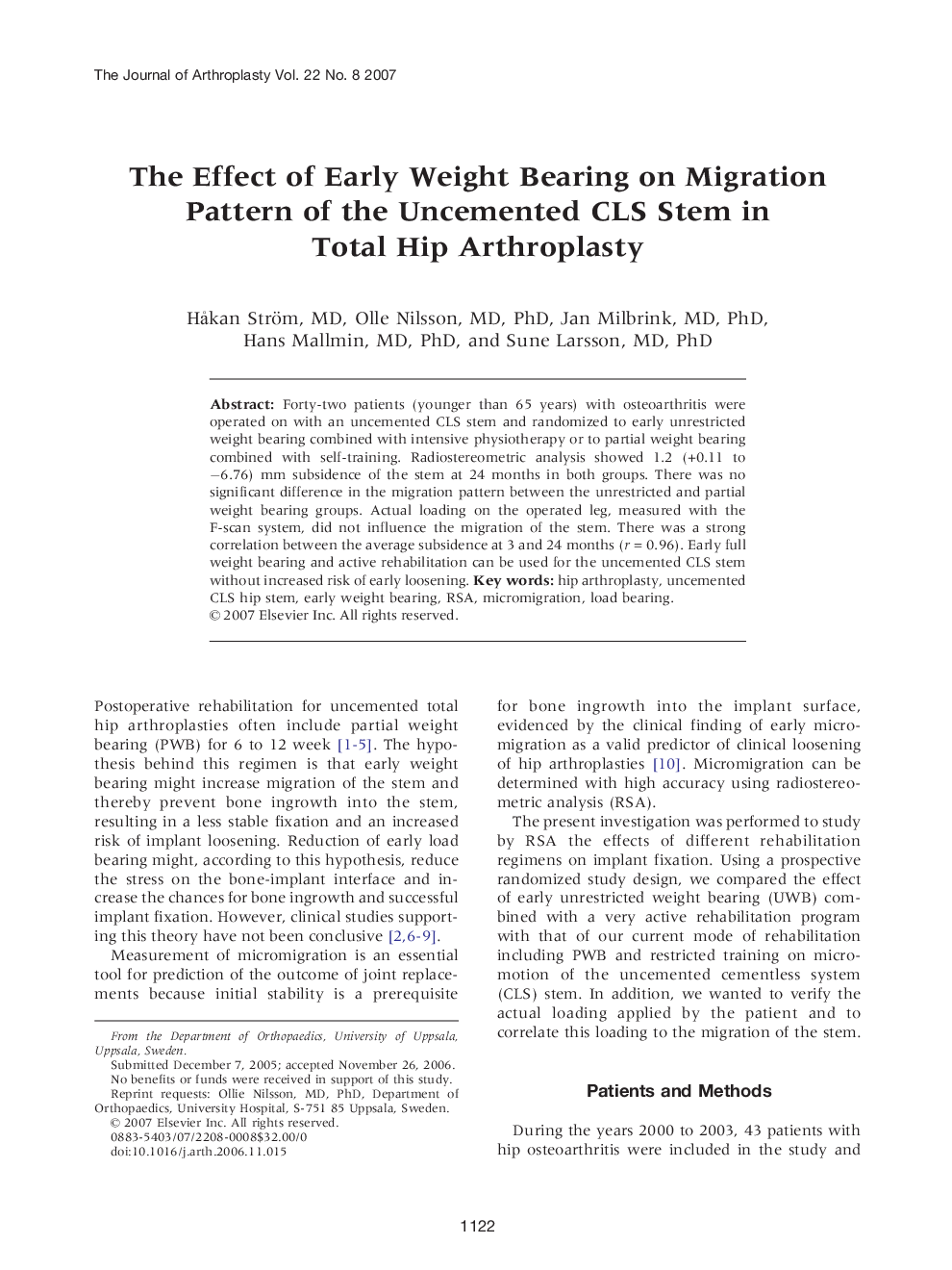 The Effect of Early Weight Bearing on Migration Pattern of the Uncemented CLS Stem in Total Hip Arthroplasty 